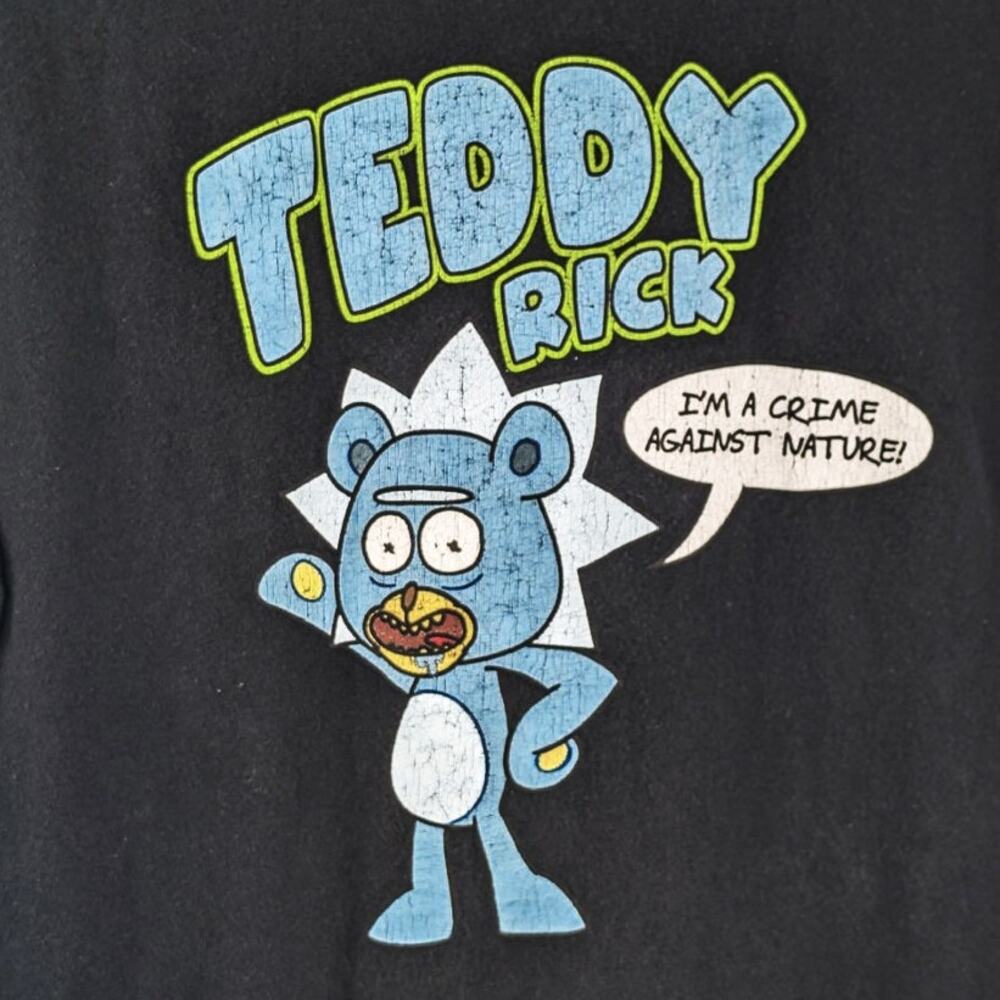 Rick and Morty M Teddy Rick Graphic Tee Black Short Sleeve Shirt Humor Cartoon